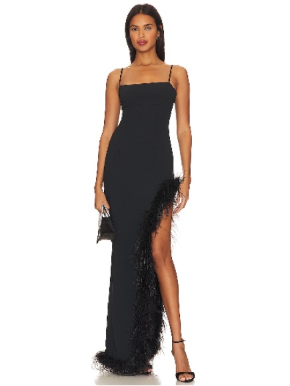Lovers + Friends Tavianna Black High-Slit Gown with Feather Trim